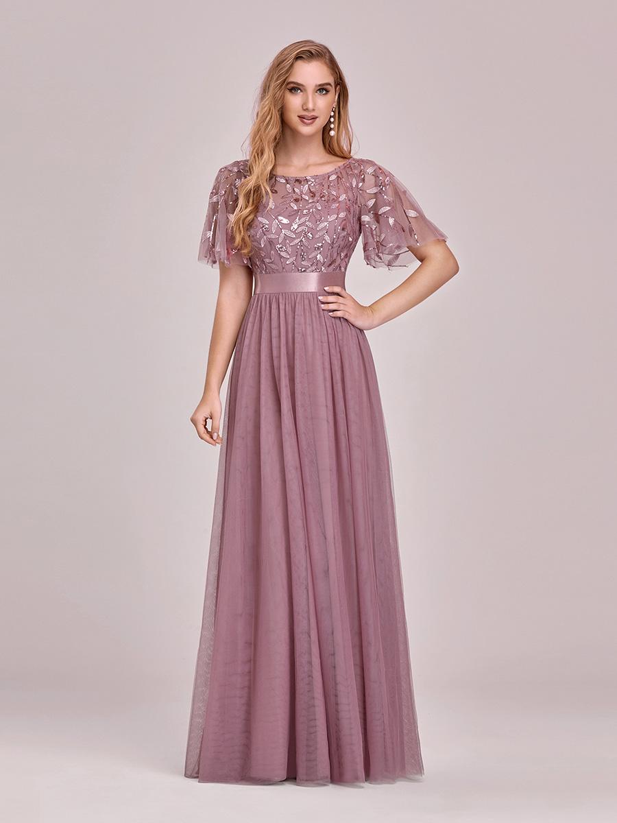 

Ever-Pretty Вечернее платье для выпускного вечера длиной до пола с принтом пайеток и вышивкой на талии и рукавами с рюшами L орхидейный