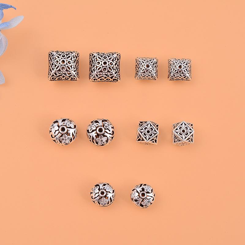 Vintage S925 Sterling Silver Polygon Spacer Beads for DIY Bracelets - Irregular Hollow Thai Design