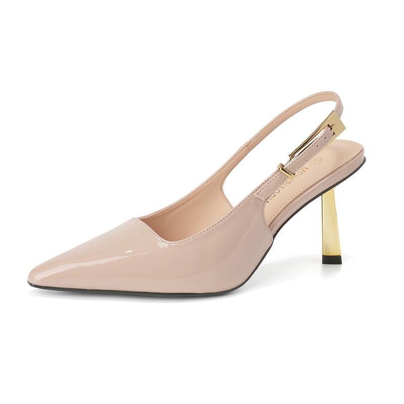 Lakovaná kožená taška hlava sandály dámské 2025 léto nové všestranné tenký podpatek špičaté jednoslovná přezka temperament vysoké podpatky