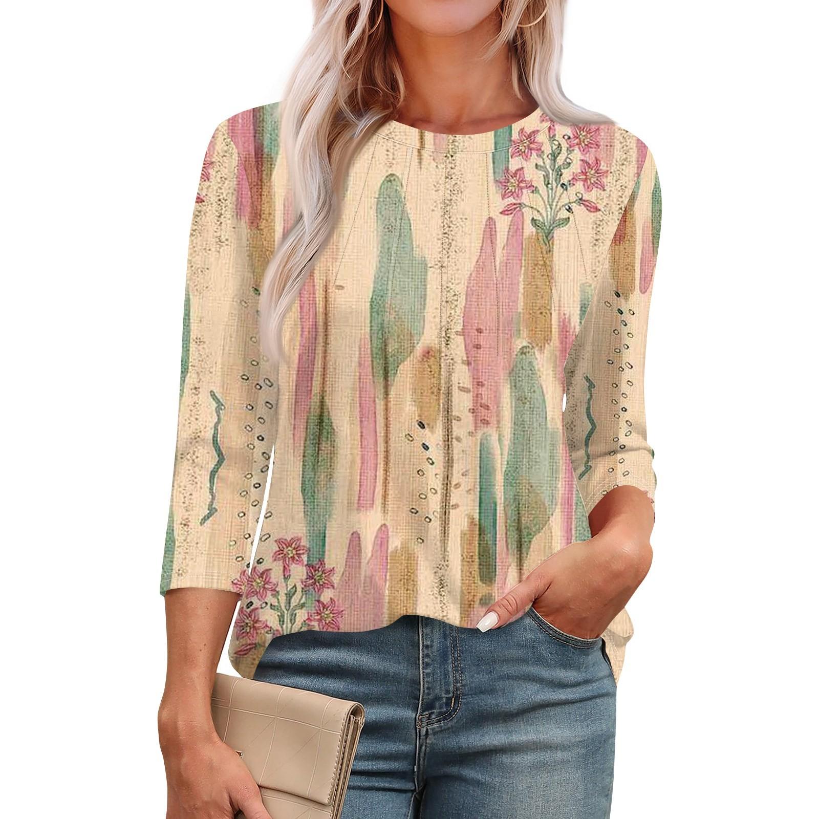 

Женская модная повседневная футболка с круглым вырезом и рукавом семь четвертей в стиле ретро с принтом, плиссированная футболка S