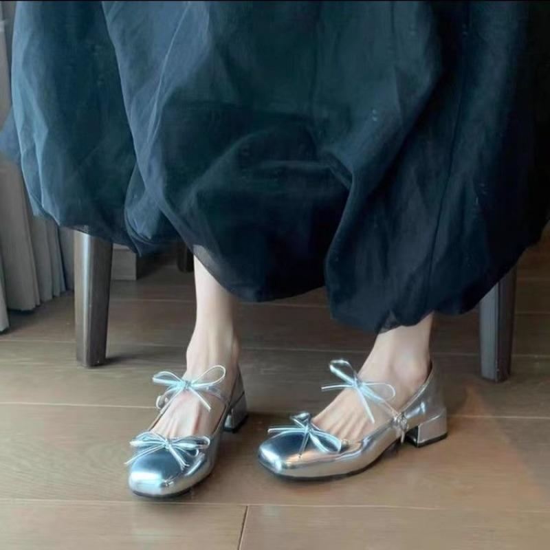 Fashion Women's French Bow Round Toe Super Fire Single Spring Studded Metal Buckle Slip-On Soft Sole Flats Mary Jane