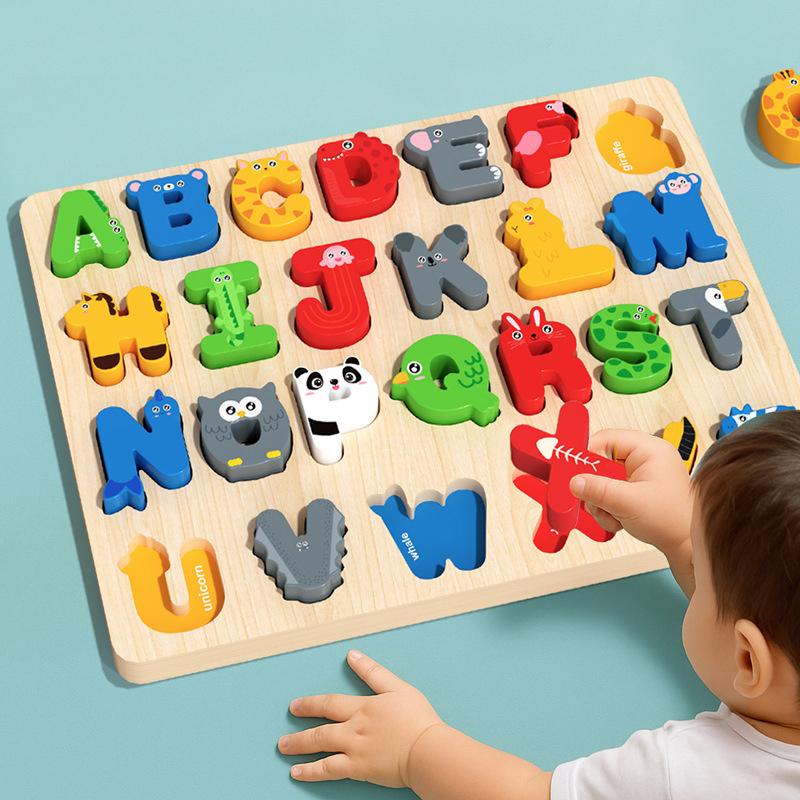 3D Colorful Alphabet Number Puzzle Montessori Wooden Puzzles Matching Games Early Education Toys Mathematics Shape Cognition