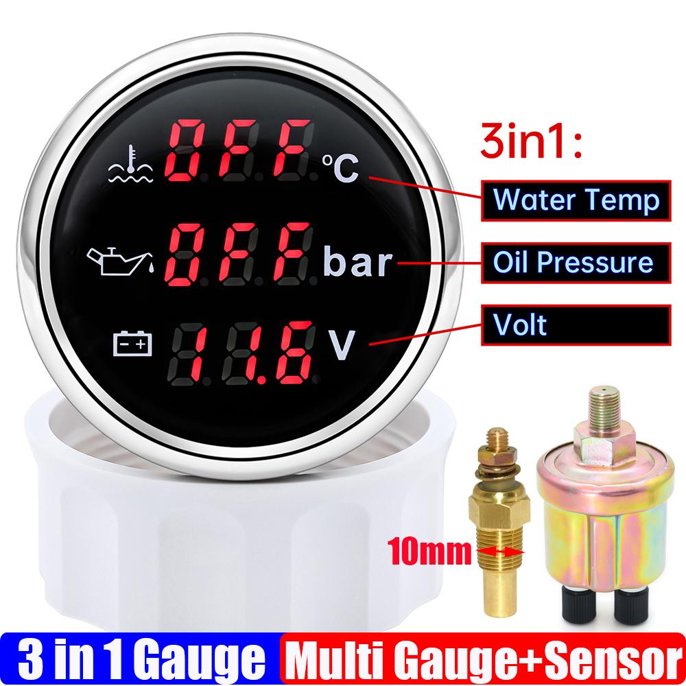 3 In 1 Digital 52mm Gauge with Alarm 0~120℃ Water Temperature Gauge+Oil Pressure+Voltage with Oil Press/Water Temp Sensor