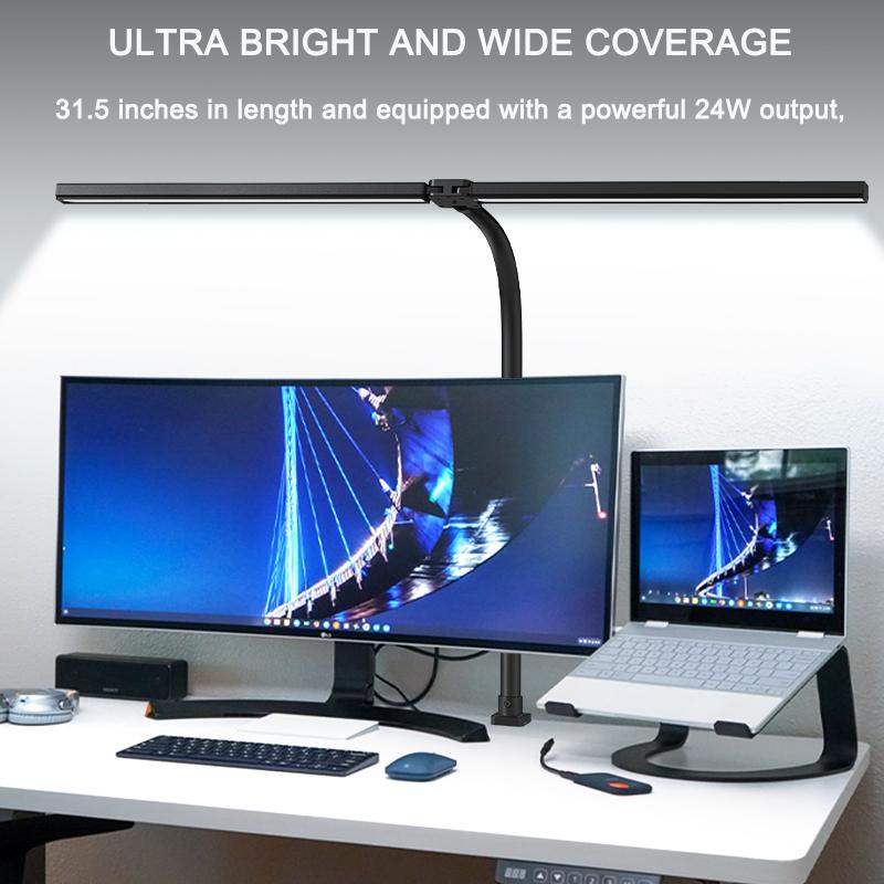 Modern Gooseneck Double LED Desk Lamp Stepless Knob Adjustment High Lumen Wide Head Architect Working Office Metal Shade AC