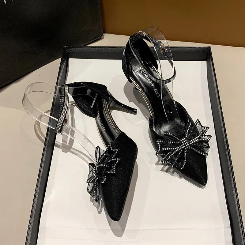 Rhinestone Bow High Heels Women 2024 New Spring and Autumn Pointy Net Red Packet Head Stiletto Sandals Fairy Wind
