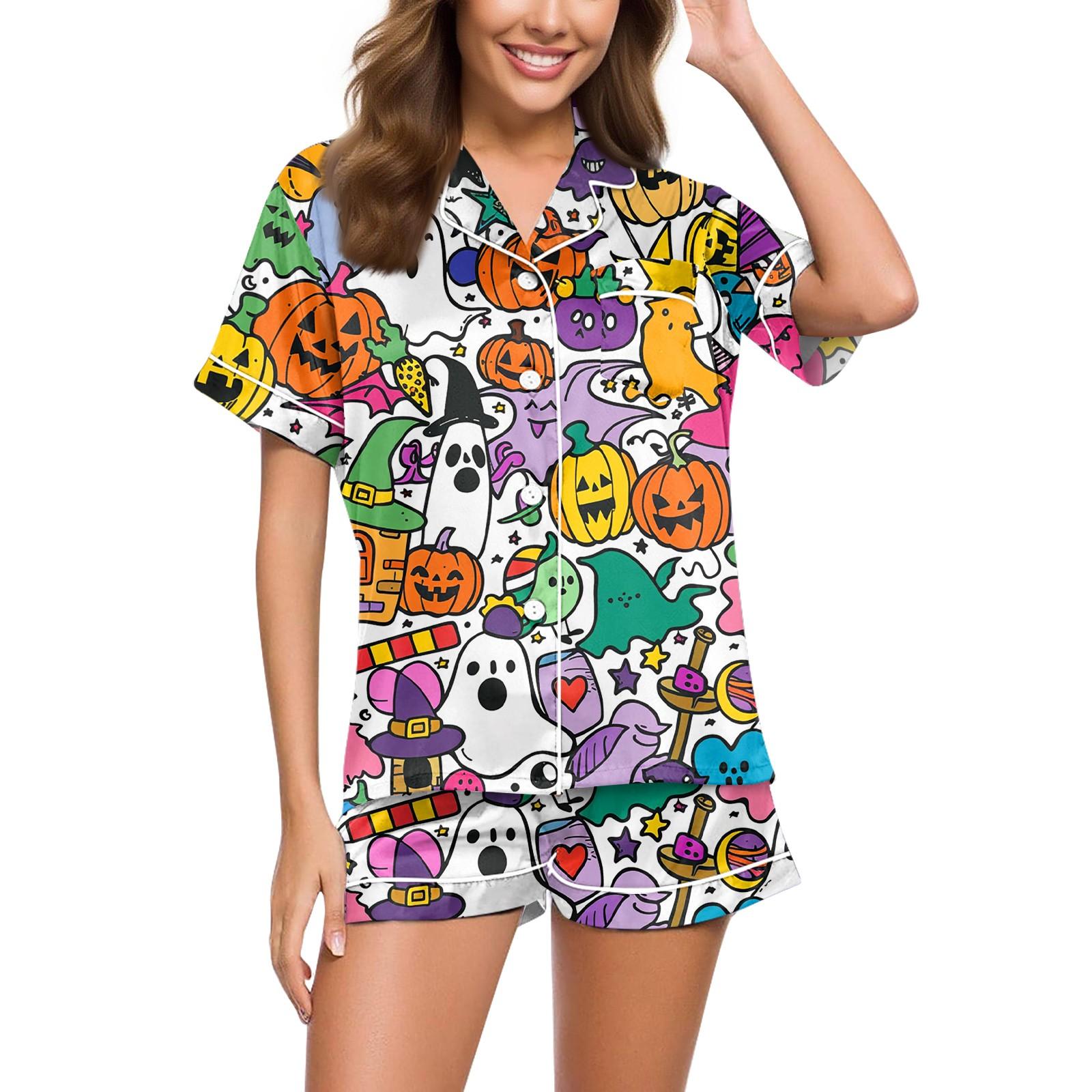 

Women s Casual Fashion Halloween Printed Short Sleeve Home Suit M белый