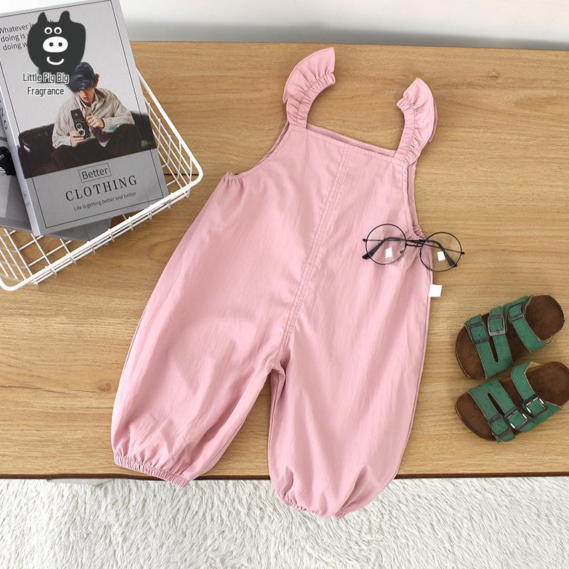 Little Pig David Girls' Summer Lace Strap Jumpsuit - Stylish Solid Color Outfit for Baby Girls