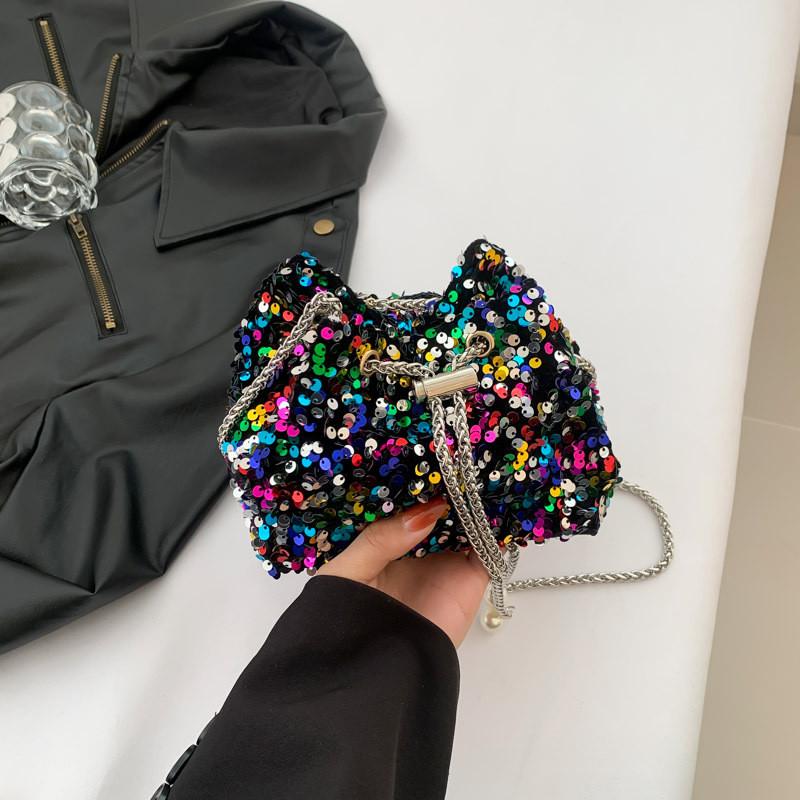 Stylish Bucket Bag With Shimmering Sequins In Black Purple Green Or Colorful Options