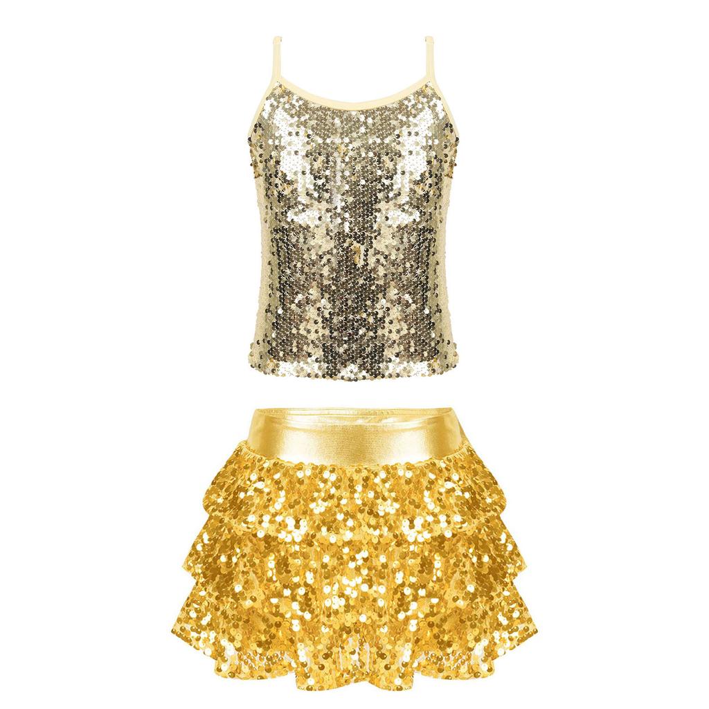 Girls Shiny Sequins Camisole Top Adjustable Straps Tiered Ruffle Skirted Shorts Culottes Dance Outfit