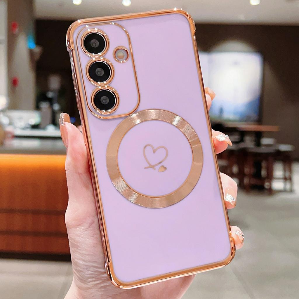 For Samsung Galaxy S26+ Magnetic Case Electroplated TPU Phone Cover Hollow Love Hearts