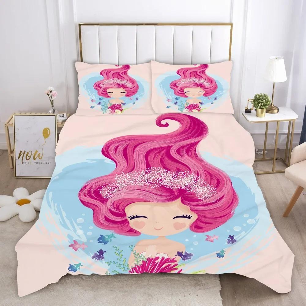 Mermaid Duvet Cover King Queen Cute Cartoon Fairy Tale Sea Creature Bedding Set Fish Scale Girly 2/3pcs Polyester Quilt Cover