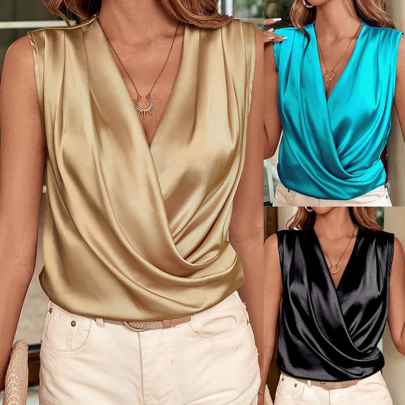 Canotta da Donna Solida con Scollo a V Incrociato e Drappeggio in Raso Senza Maniche Elegante per Pendolari Larga Casual da Ufficio