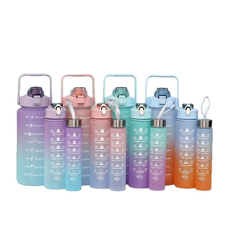 Water Bottle Explosion Spot Gradual Change Color Three Sets of Cups Large Capacity Space Cup Straw Kettle Matte Sports Portable Kettle