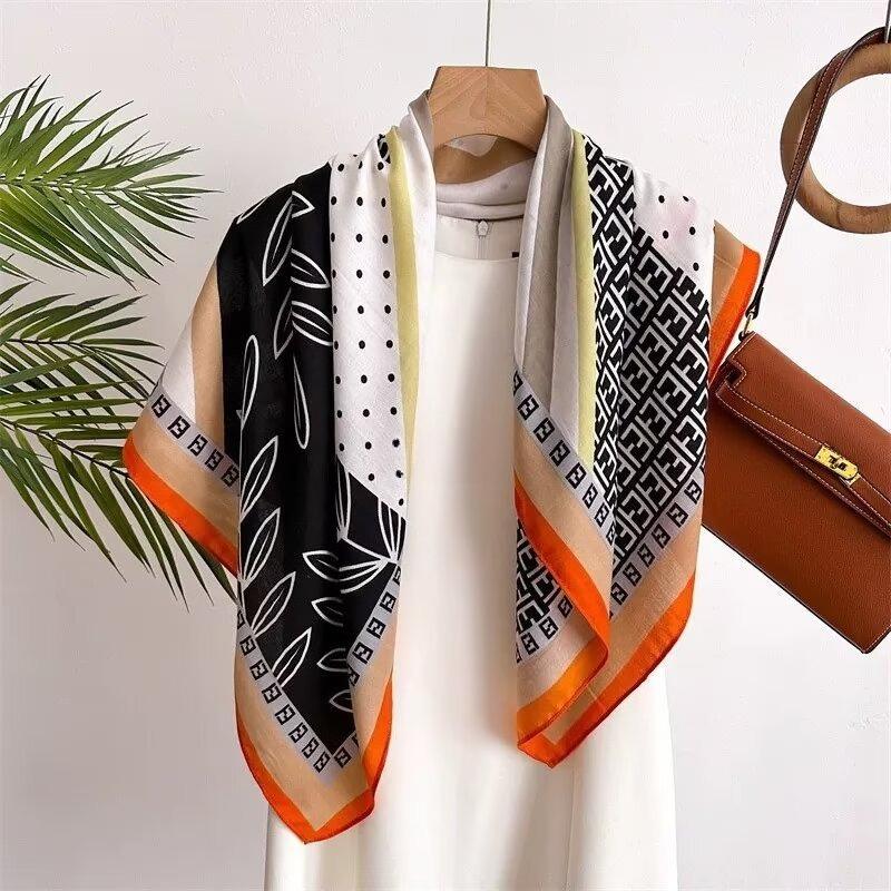 68Cm Old Flower Letter Scarf Women'S Spring And Autumn Thin Imitation Silk Square Scarf Trendy Versatile Shawl Scarfs Headscarf