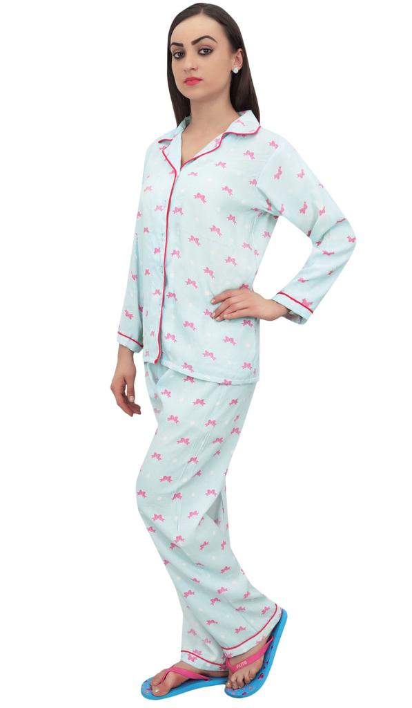 Bimba Sky Blue Gift Ribbon Print Women Shirt With Pajama Pants 2 Pcs Nightwear -
