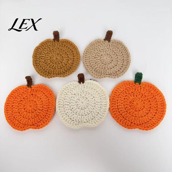 Crochet Pumpkin Cushion Handmade Coasters, Soft Polyester Coffee Mats, Heat Resistant Drink Mats Autumn Themed Farmhouse Dining Accessories
