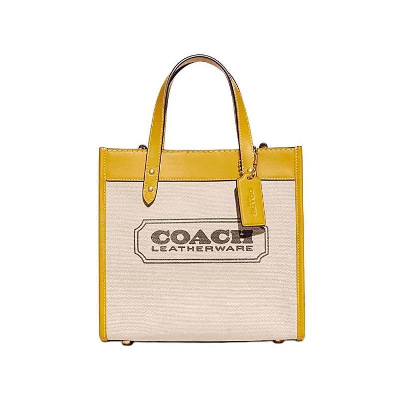 Coach Field 22 Logo Badge Quilted Snap Fabric And Leather Tote Bag Women tote Khaki Brown CH740-B4VI3 Basic Set (Bag+Dust Bag)