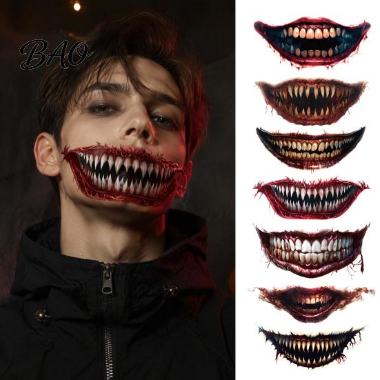 Long Lasting Sweat Proof Tattoos 3Pcs Realistic Scary Mouth for Halloween Zombie Vampire Clown Party, Waterproof Temporary Horror Decals Adults,