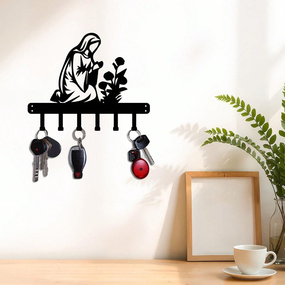 Wall Mount Key Holder Black Religious Metal Art Hook for Keys Coat Bag Entryway Decor