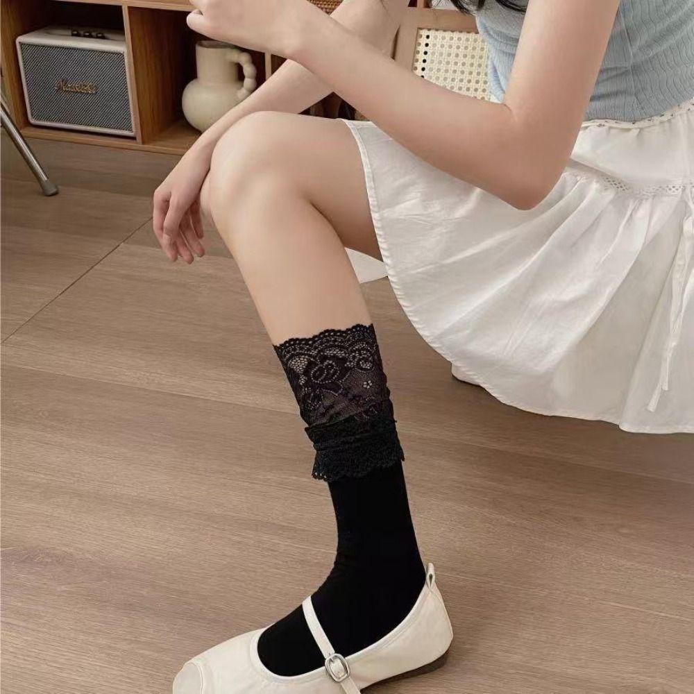 1Pair Lace Edge Long Tight Socks Solid Color Calf Socks Fashion Boot Socks Girl