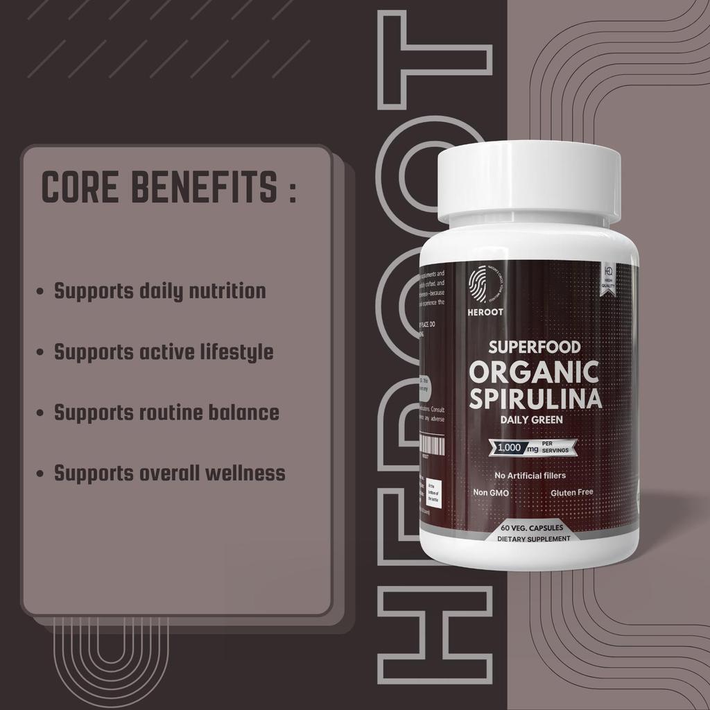 Heroot Spirulina 1000mg Veg Capsules | 100% Pure Algae Powder | 60 Capsules