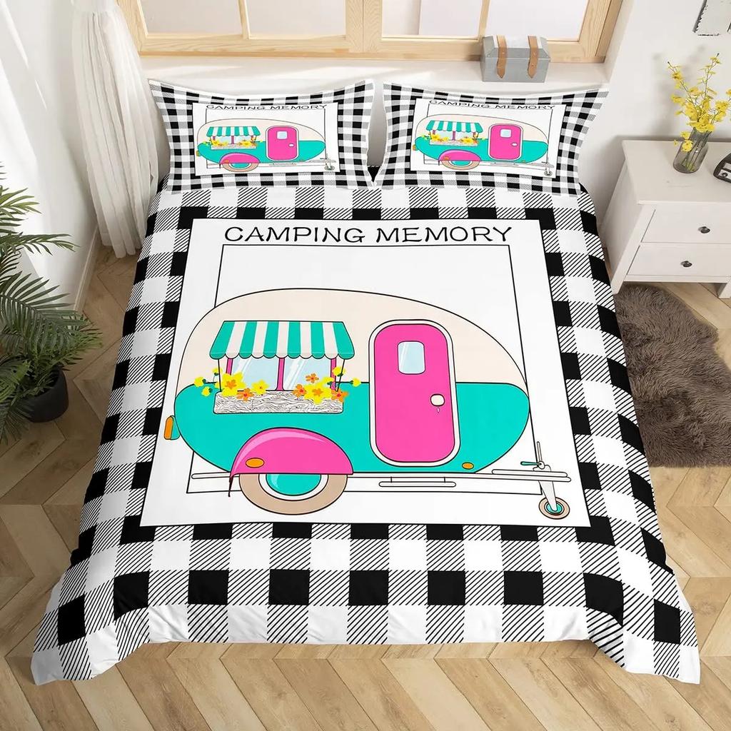 3D Nordic Style Black and White Grid Cute Animal Duvet Cover King Size Polyester Quilt Cover Pillowcases for Home Bedroom Decor