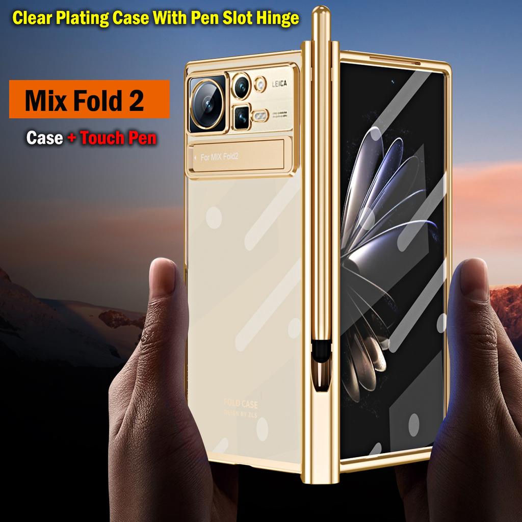 Touch Pen For Xiaomi Mix Fold 2 Case Clear Plating Cover For Xiaomi Mix Fold 2 Hinge Case With Pen Slot Front Screen Glass Film
