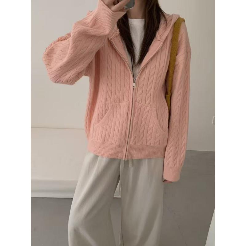 Retro Zopfmuster Reißverschluss Strickjacke Damen Herbst und Winter neu lässiger Stil locker und vielseitig Strickcardigan Top
