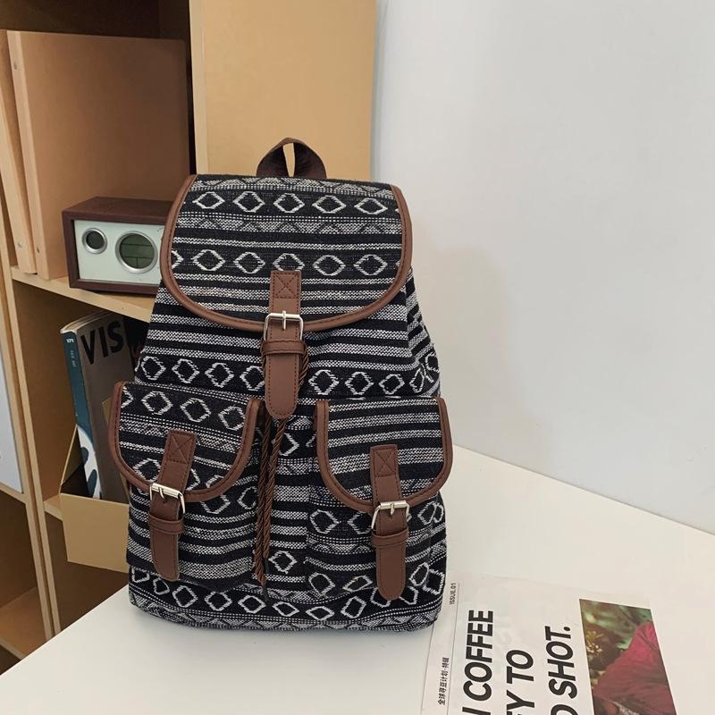 2026 New Female Ethnic Style Backpack Casual Plaid Drawstring Retro Women Large Capacity School Bag Drawstring Bucket Bag