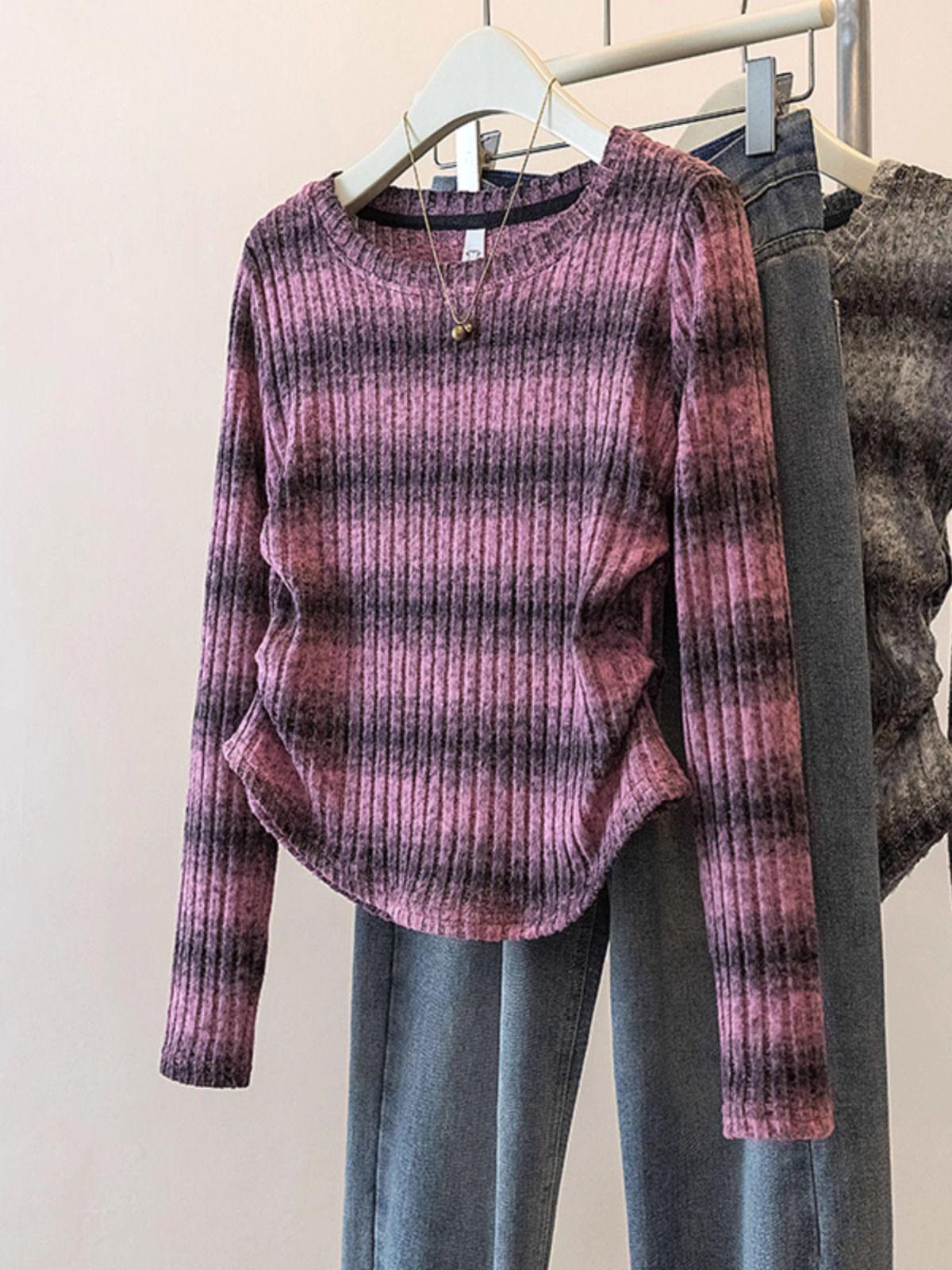 

Женский облегающий вязаный свитер с длинным рукавом в полоску и плиссированным дизайном для ранней весны Extra Large розовый