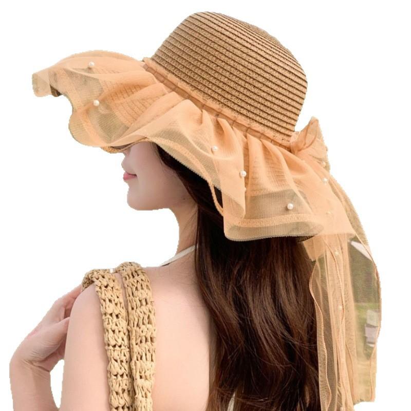 French lace bow straw hat women's summer big brim sunshade sunscreen hat seaside beach vacation sun hat