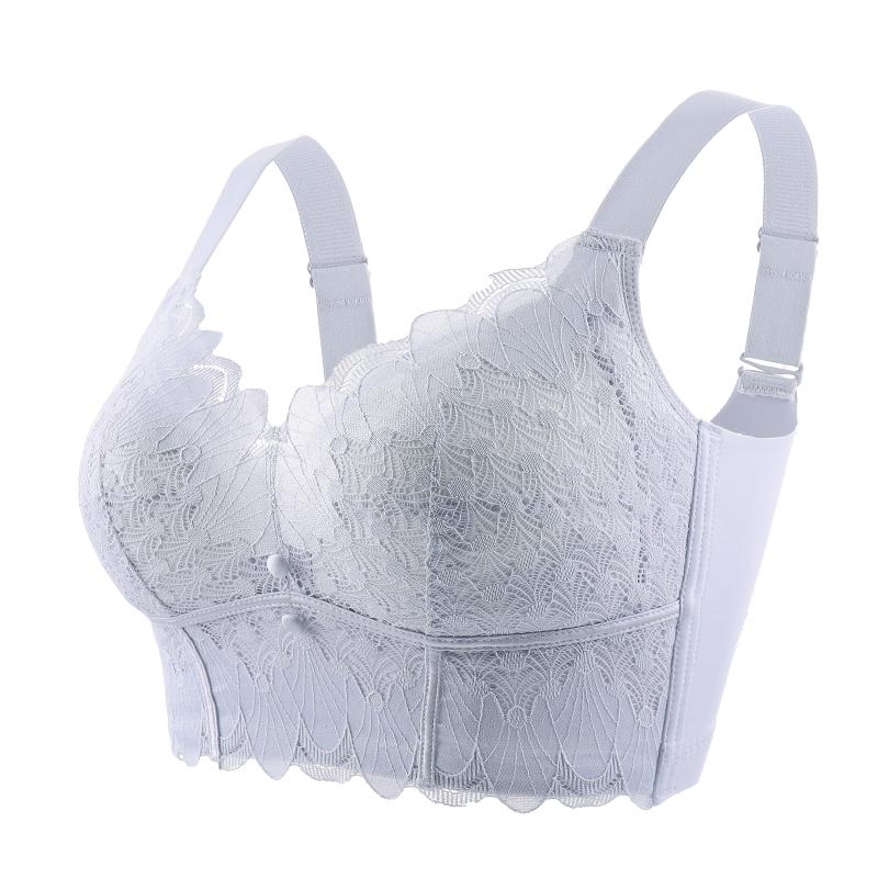 Large Chest Revealing Small Key Shaping Lace Bra with Gathered Front Button Wide Shoulder Strap Underwear