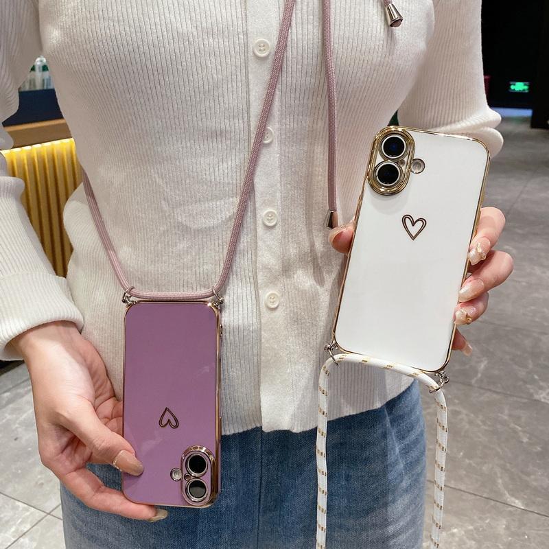 Husă Moale TPU cu Placare cu Imprimeu Inimă Iubire Pentru iPhone 16 Pro Max 15 Pro 14 Pro 13 12 11 Șnur Crossbody Rezistentă la Șocuri Protecție Obiectiv Husă Luciosă pentru Telefon