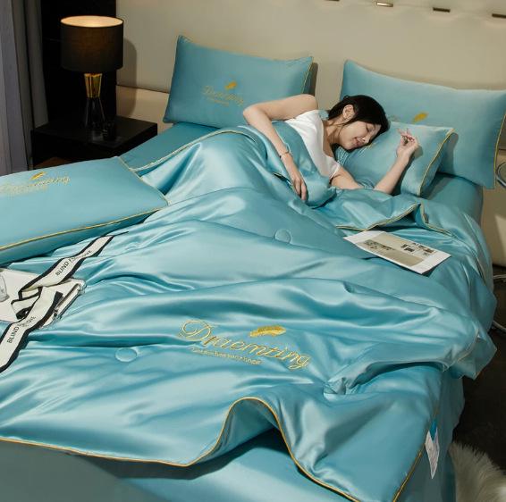 Gewaschenes Seiden-Tencel Sommer-Steppbett-Set - Besticktes Eis-Seiden-Vierteiler