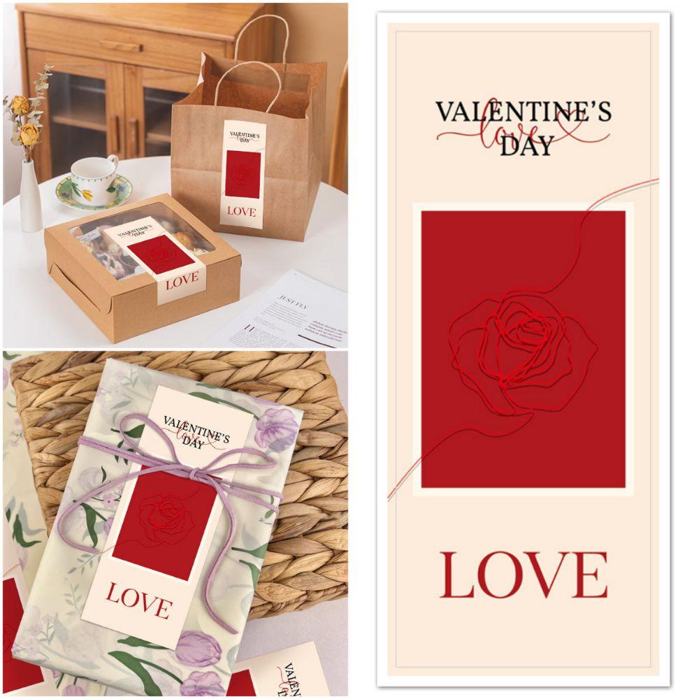 50PCS Red Happy Valentine's Day Stickers Self Adhesive Emboss Rose Flower Wrapping Sealing Label Rectangle Packing Ornament