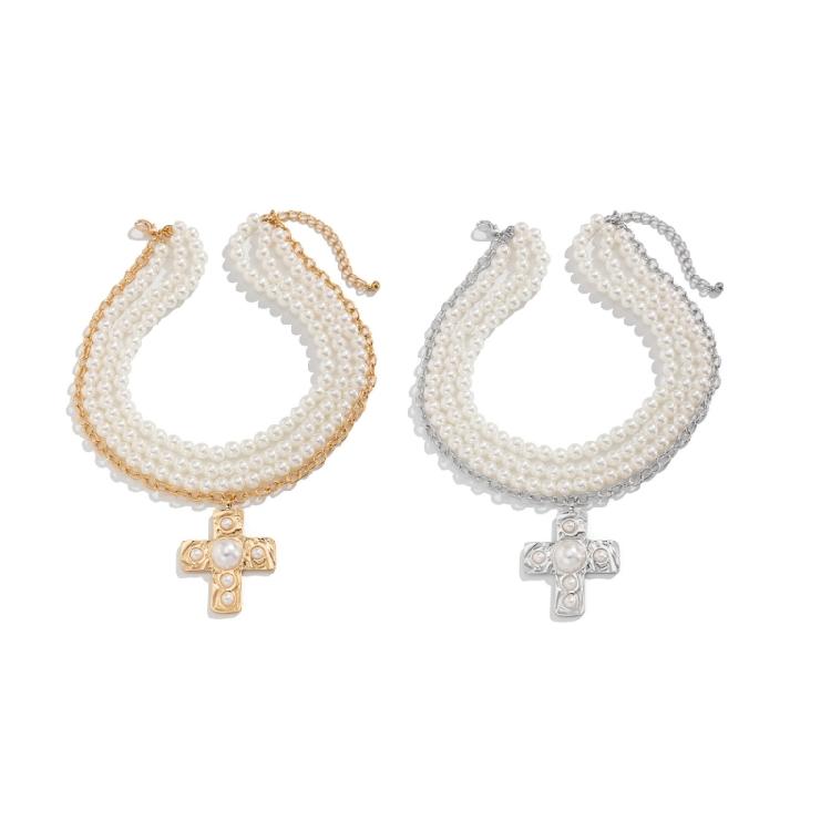 Practical Pearls Embellished Elegant Gold Crosses Necklace Decoration for Women with Layer Statement Pieces Pendant