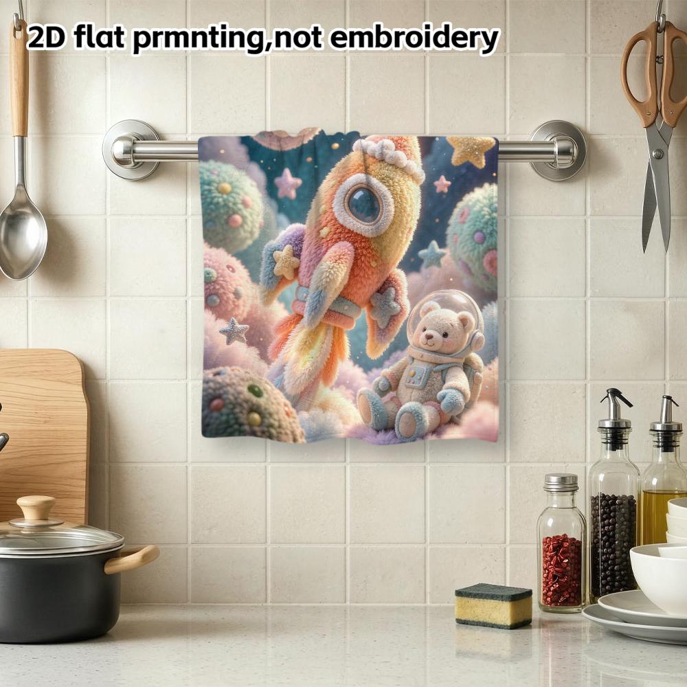 Felt Astronaut Bear Space Rocket Print Bath Towel, Super Soft Absorbent Kids Towel