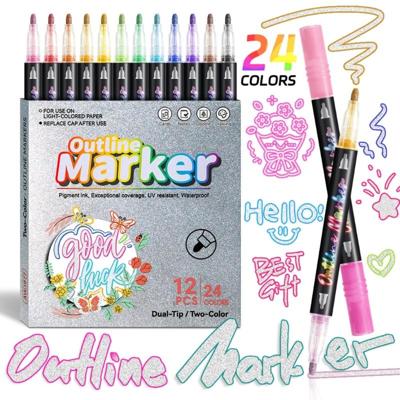 Pack of 12Pcs Assorted Colors Colorful Outline Pens Glitter Pens Set Kids Double Line Outline Pens for Arts and Crafts