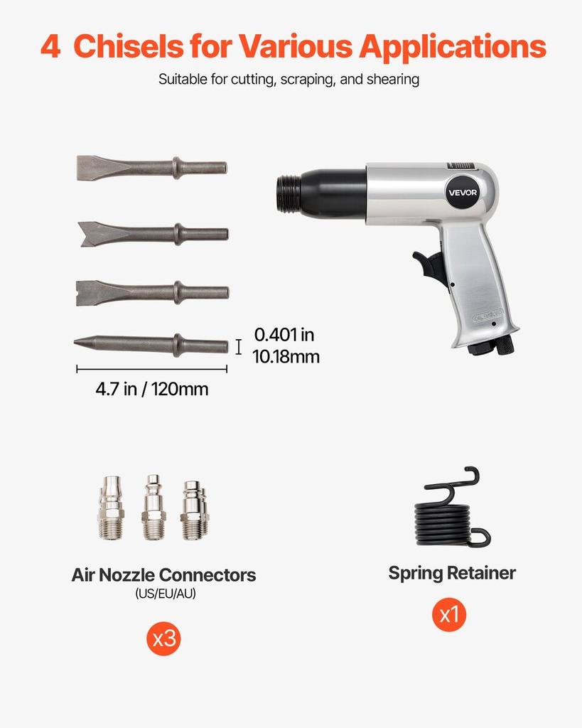 Martelete Pneumático, Martelo Pneumático 3500BPM com Curso de 70mm e 4 Peças de Talhadeiras Haste Redonda, Compacto com Empunhadura de Pistola Cinzel Pneumático Ferramenta Pá Pneumática para Corte