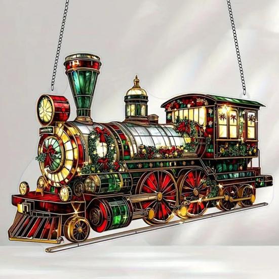 Yousheng Acrylic Suncatcher Christmas Ornaments Stained Glass Effect 2D Flat Train/Christmas Tree/Santa Claus Window Hanging Decoration for Holiday