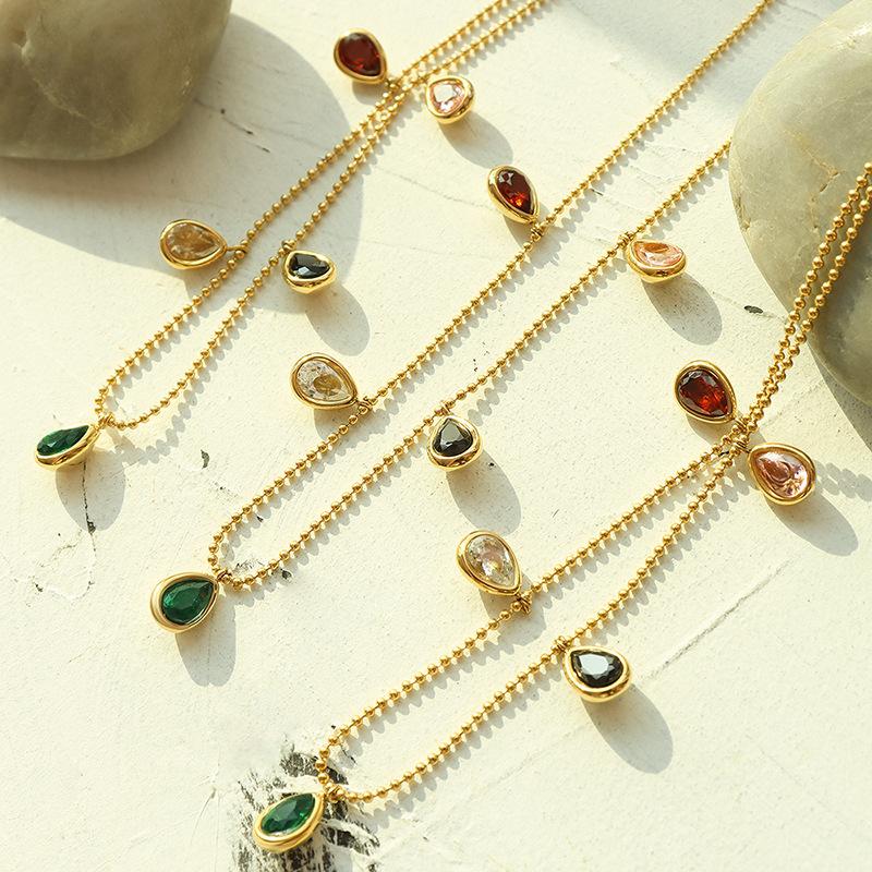 1 Pcs French Ins Style Colorful Zirconia Pendant Necklace Women Collarbone Chain Titanium Steel Not Lose Color Zircon