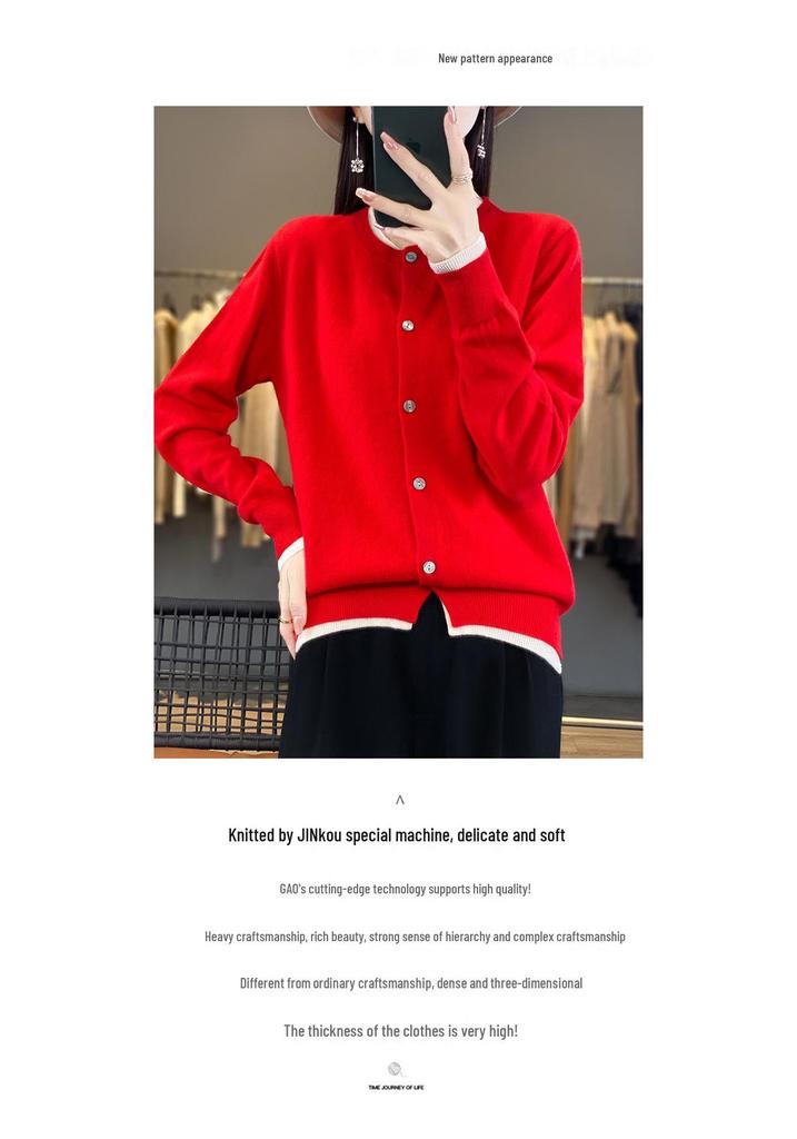Women's Color Block Wool Cardigan - Round Neck, Loose Fit, Fake Two-Piece Knit Sweater for Spring & Autumn 2024