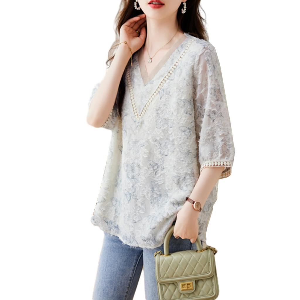 Short Sleeve Loose Hong Kong Office Lady Creative [RoyzTocz] Women's Shirt, Blouse, V-Neck Top, T-Shirt, Fit, Thin, Lined, Fashionable, Casual,