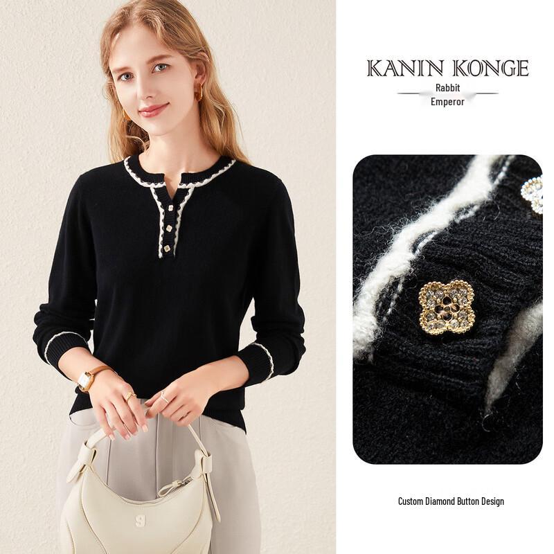 TUHUANG Women's Pure Wool Round Neck Sweater