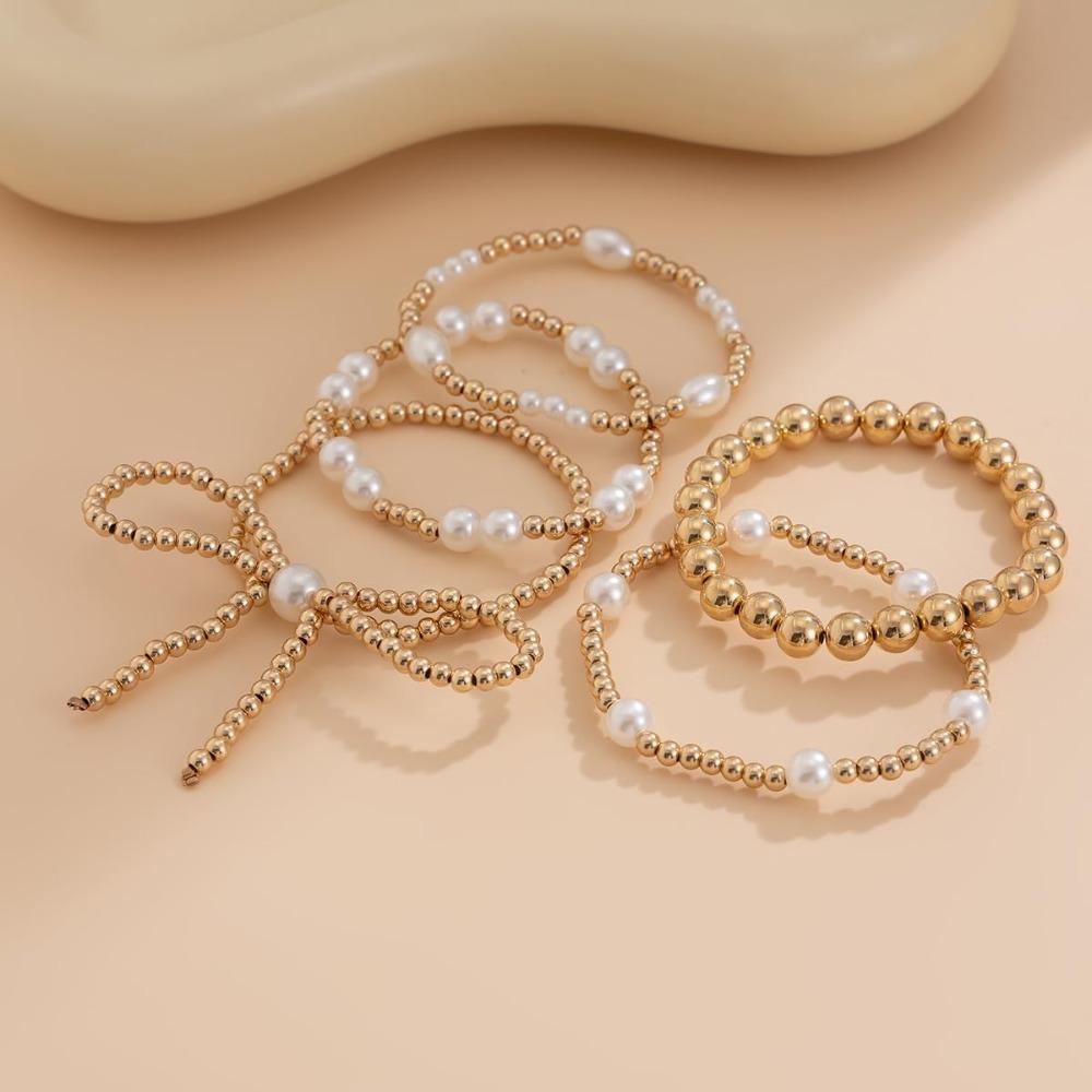 5pcs/set Bow String Bead Imitation Pearl Bracelet Set Adjustable Bracelet Set Women's
