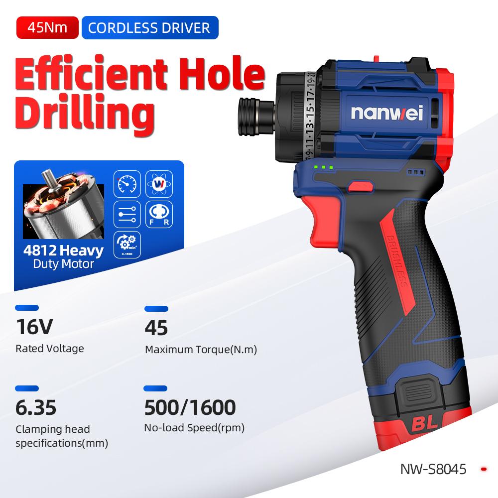NANWEI 45 Nm 1/4 Inch Electric Screwdriver, 2-speed Adjustment, 500/1600 Rpm