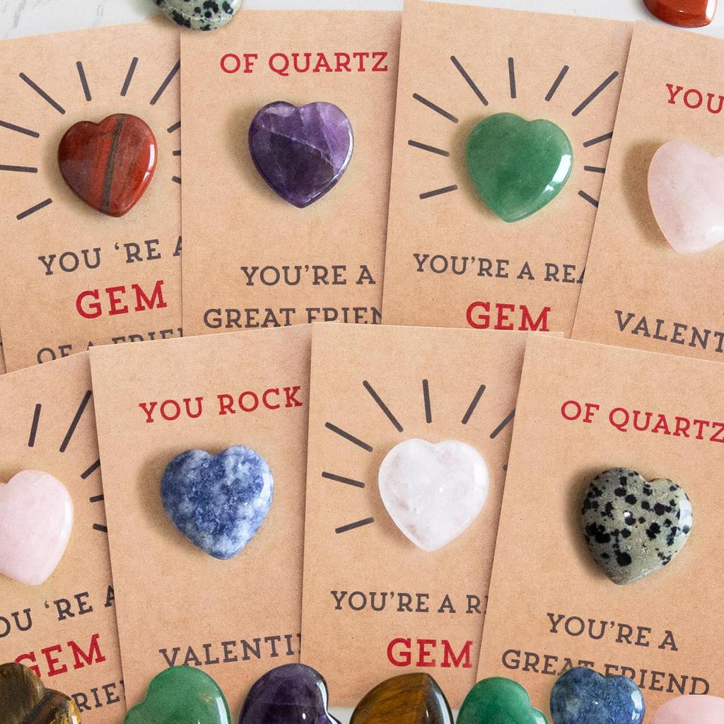 24Pcs Valentine's Day Cards with Love Hearts Valentines Gift Cards Heart-Shape Stone Valentine Exchange Card for School Party