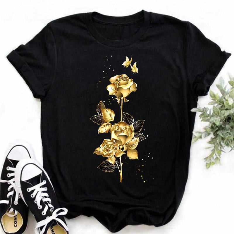 New Fashion Golden Rose Print Ladies T-shirt Harajuku Casual Round Neck Top