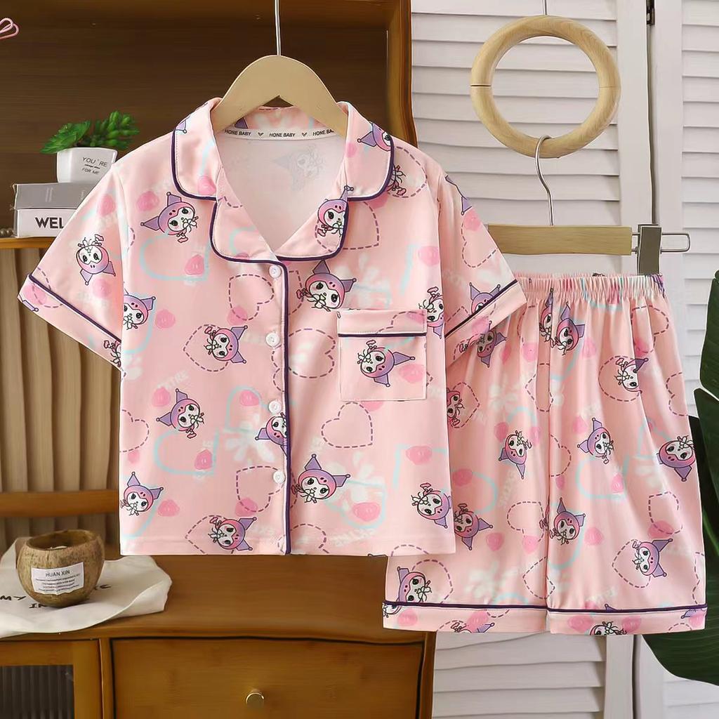 Kids Summer Cartoon Print Short Sleeve Pajama Set Thin Collar Home Wear For Boys And Girls Air Conditioned Room Sleepwear