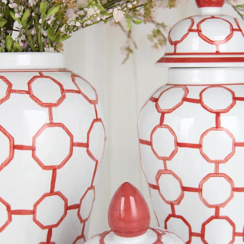 Ceramic Checkmate Jar Red Gingerbread Jar Flower Vase Porcelain Ornament Chinese Handicraft Home Decoration Accessories